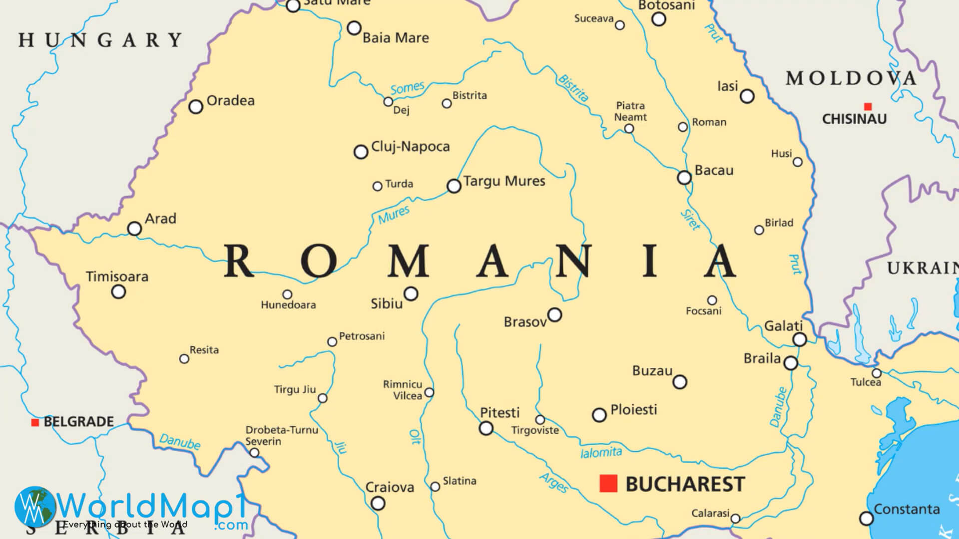 Carte des villes et des rivières de la Roumanie